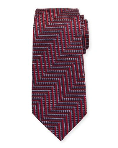 Ermenegildo Zegna Geometric Herringbone Silk Tie, Red/silver