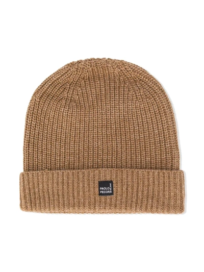 Paolo Pecora Teen Logo Patch Beanie Hat In Brown