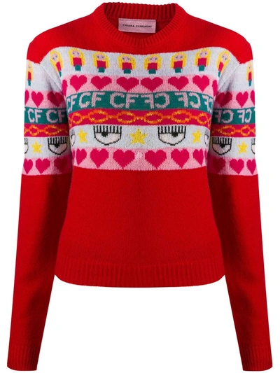 Chiara Ferragni Norwegian Pullover With Eyes Flirting Embroidery In Red