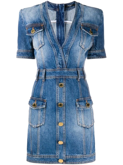 Balmain Button-embellished Denim Mini Dress In Blue