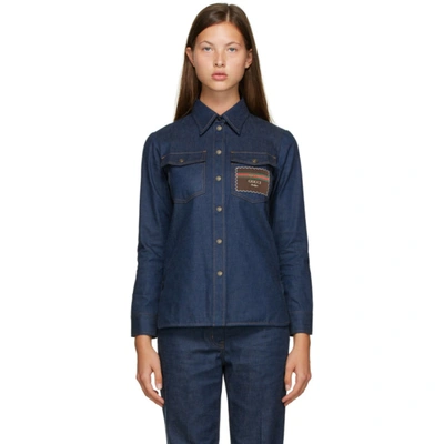 Gucci Cotton Denim Shirt Jacket W/ Label In Dark Blue