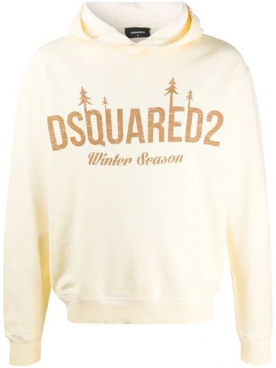 Dsquared2 Logo Print Cotton Hoodie In Yellow