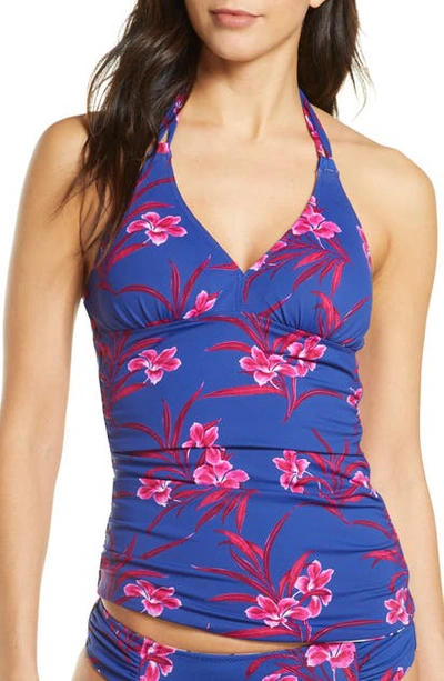 Tommy Bahama Oasis Blossoms Reversible Halter Tankini Swim Top In Blue Sapphire