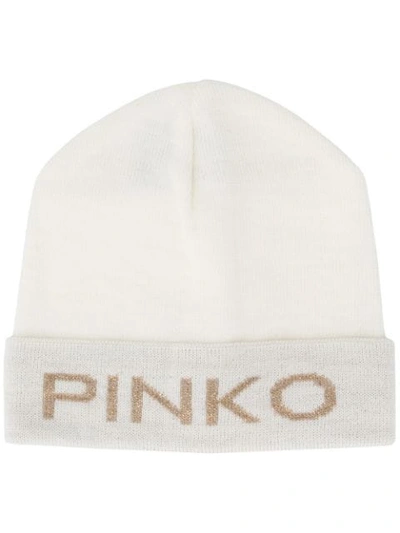 Pinko Jacquard Logo Beanie Hat In White