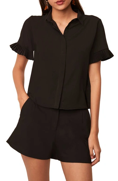 French Connection Frill Sleeve Crepe Button-up Shirt In Black