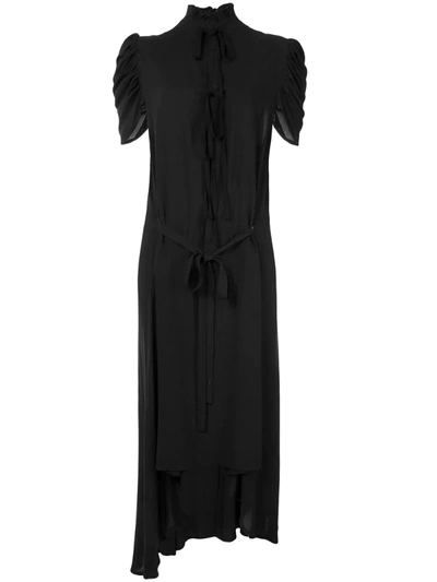 Ann Demeulemeester Ruffled Neck Asymmetric Dress In Trilene Black + Ribbon Black