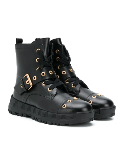 Young Versace Kids' Buckle-embellished Combat Boots In Black