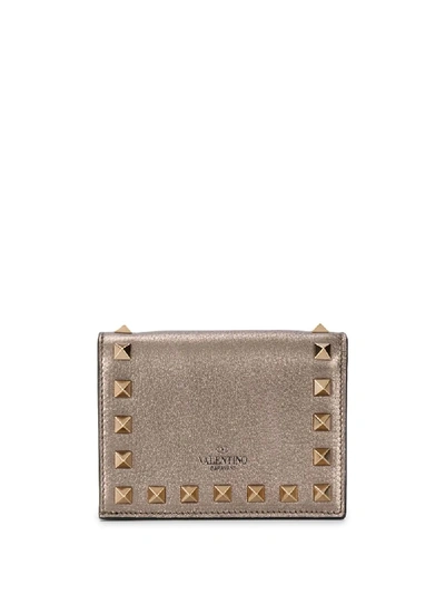 Valentino Garavani Rockstud Leather Flap Wallet In Gold