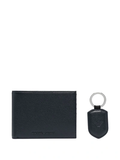 Emporio Armani Pebbled Leather Wallet Keyring Set In Blue