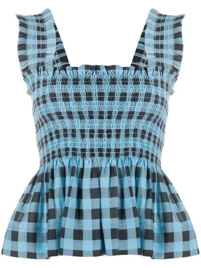 Ganni Smocked Checked Cotton And Silk-blend Peplum Top In Alaskan