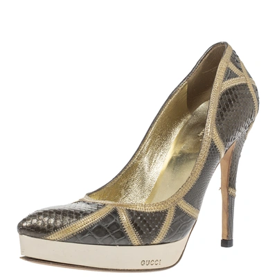 Pre-owned Gucci Dark Beige/yellow Mixed Exotic Skin Pointed Toe Platform Pumps Size 36.5 In Grey