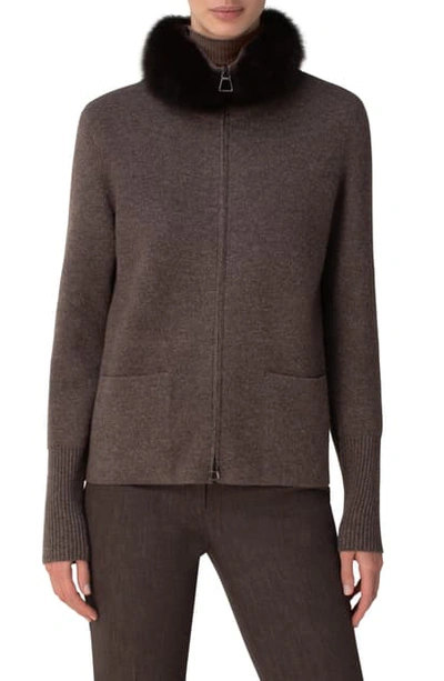 Akris Zip Cashmere Cardigan With Removable Genuine Sable Fur Collar In Taupe