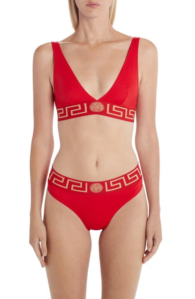 Versace Red Greca Border Triangle Bikini Top