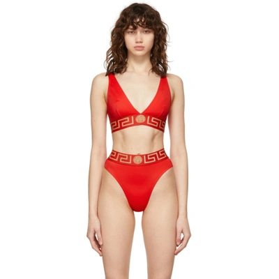 Versace Red Greca Border Triangle Bikini Top In A1203 Red | ModeSens