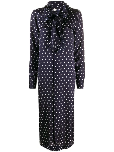 Plan C Ruffle-trimmed Polka Dot Print Shirtdress In Blue