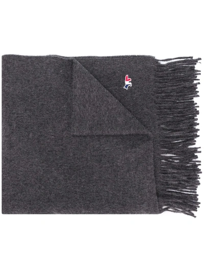 Maison Kitsuné Tricolour Fox-patch Tasselled Wool Scarf In Grey