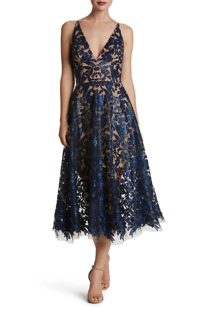 Dress The Population Blair Womens Lace Sequined Midi Dress In Blue