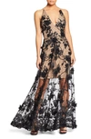 Dress The Population Sidney Deep V-neck 3d Lace Gown In Black