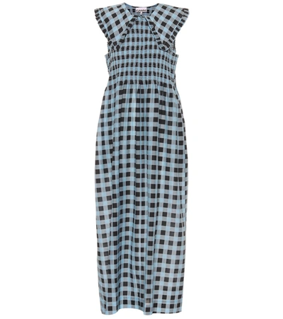 Ganni Smocked Checked Cotton And Silk-blend Maxi Dress In Alaskan Blue