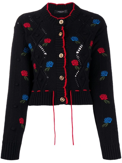 Versace Embroidered Crochet-knit Wool Cardigan In Black