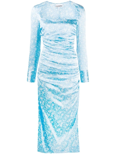 Ganni Ruched Floral-print Stretch Silk-satin Midi Dress In Alaskan Blue