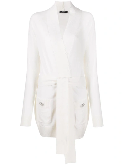 Balmain Belted Open-knit Mohair-blend Cardigan In White