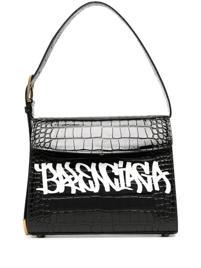 Balenciaga Ghost Medium Printed Croc-effect Leather Shoulder Bag In Black