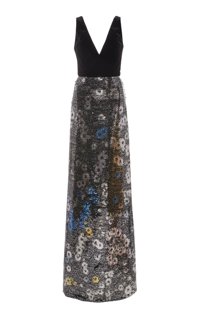 Monique Lhuillier Floral-print Sequined Tulle And Velvet Gown In Black