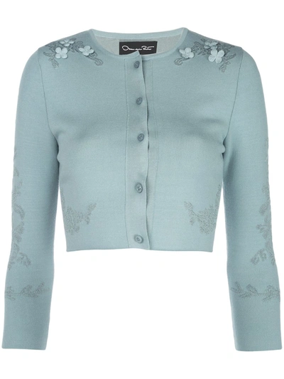 Oscar De La Renta Embroidered Cropped Cardigan In Blue