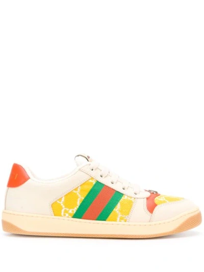 Gucci Screener Web-stripe Gg-jacquard Leather Trainers In Yellow