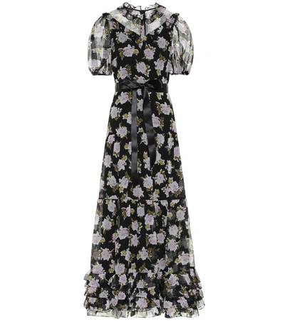 Erdem Elinor Satin-trimmed Tiered Floral-print Silk-chiffon Midi Dress In Black