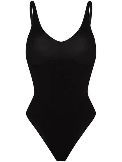 Skin The Body Toner Scoop-neck Cotton-blend Bodysuit In Schwarz