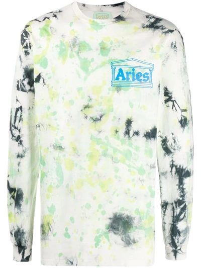 Aries Logo-print Tie-dye Cotton Long-sleeved T-shirt In White,black,green