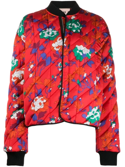 Plan C Floral-print Quilted Satin Bomber Jacket In Red