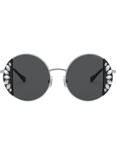 Miu Miu Round Crystal Noir Sunglasses In Silver