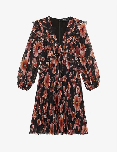 The Kooples Floral Print Pleated Mini Dress In Black | ModeSens