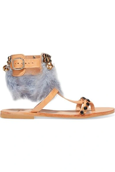 Mabu By Maria Bk Aten Embellished Leather Sandals In Tan/ Blue Feather