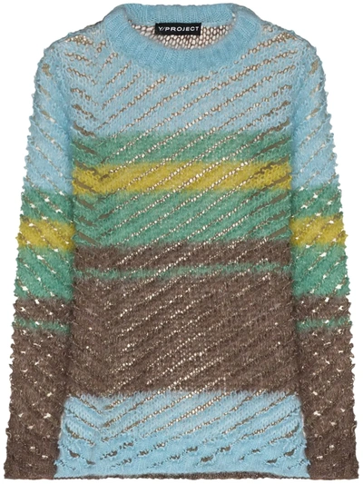 Y/project Stripe-print Mesh-knit Jumper In Blue