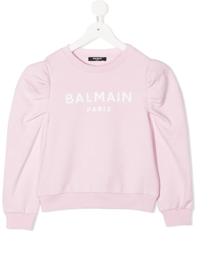 Balmain Kids' Puff Sleeves Logo Print Jumper In Pink