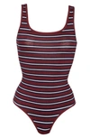 Yummie Cotton Shaping Bodysuit In Black  Tawny Port & White Stripe