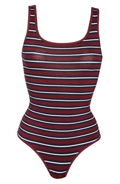 Yummie Cotton Shaping Bodysuit In Black/tawny Port/white Stripe