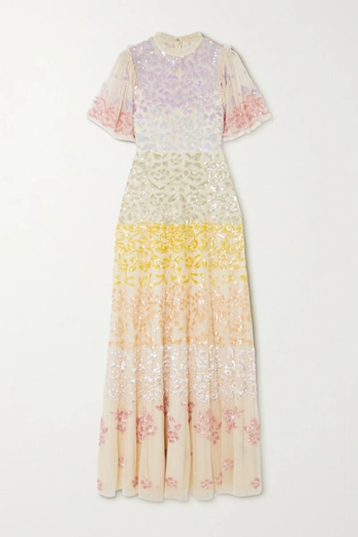 Needle & Thread 'chakra' Rainbow Sequin Embellished Short Sleeve Tulle Gown In Ecru