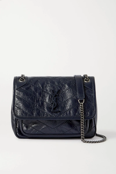 Saint Laurent Niki Baby Mini Quilted Crinkled Glossed-leather Shoulder Bag In Blue