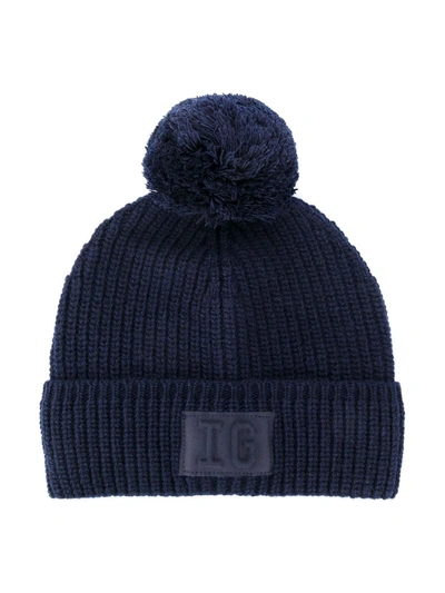 Il Gufo Kids' Logo Patch Pom-pom Beanie Hat In Blue