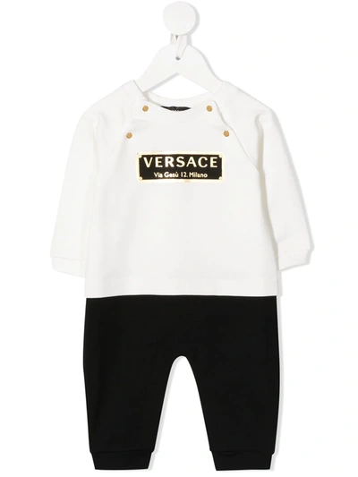 Young Versace Babies' Logo Long-sleeve Rompler In White