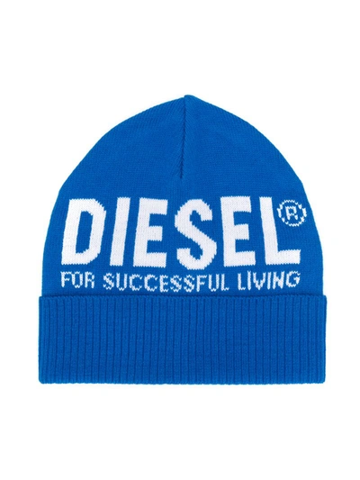 Diesel Babies' Ribbed Knit Logo Beanie In Blue