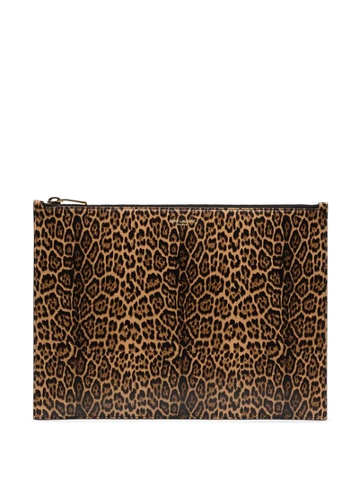 Saint Laurent Brown Leopard Print Leather Pouch