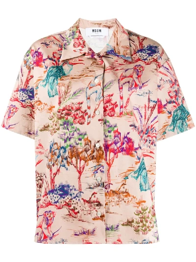 Msgm Short Sleeve Woman Shirt With Fantasy Print In Beige