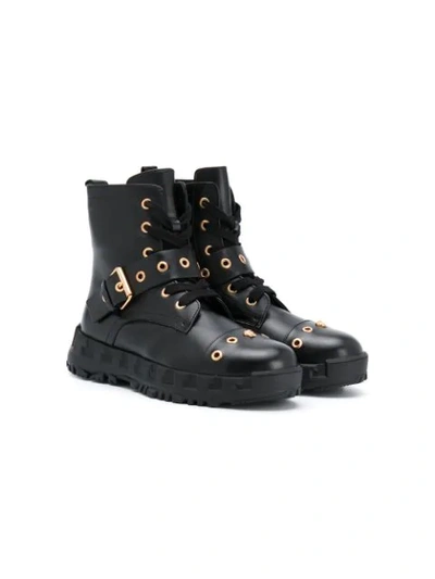 Young Versace Kids' Eyelet Medusa Boots In Black