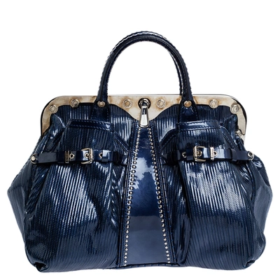 Pre-owned Versace Blue Striped Patent Leather Studded Frame Satchel
